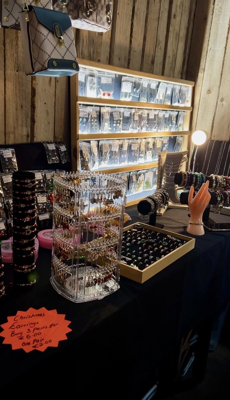 A lit display of earrings, rings and bracelets