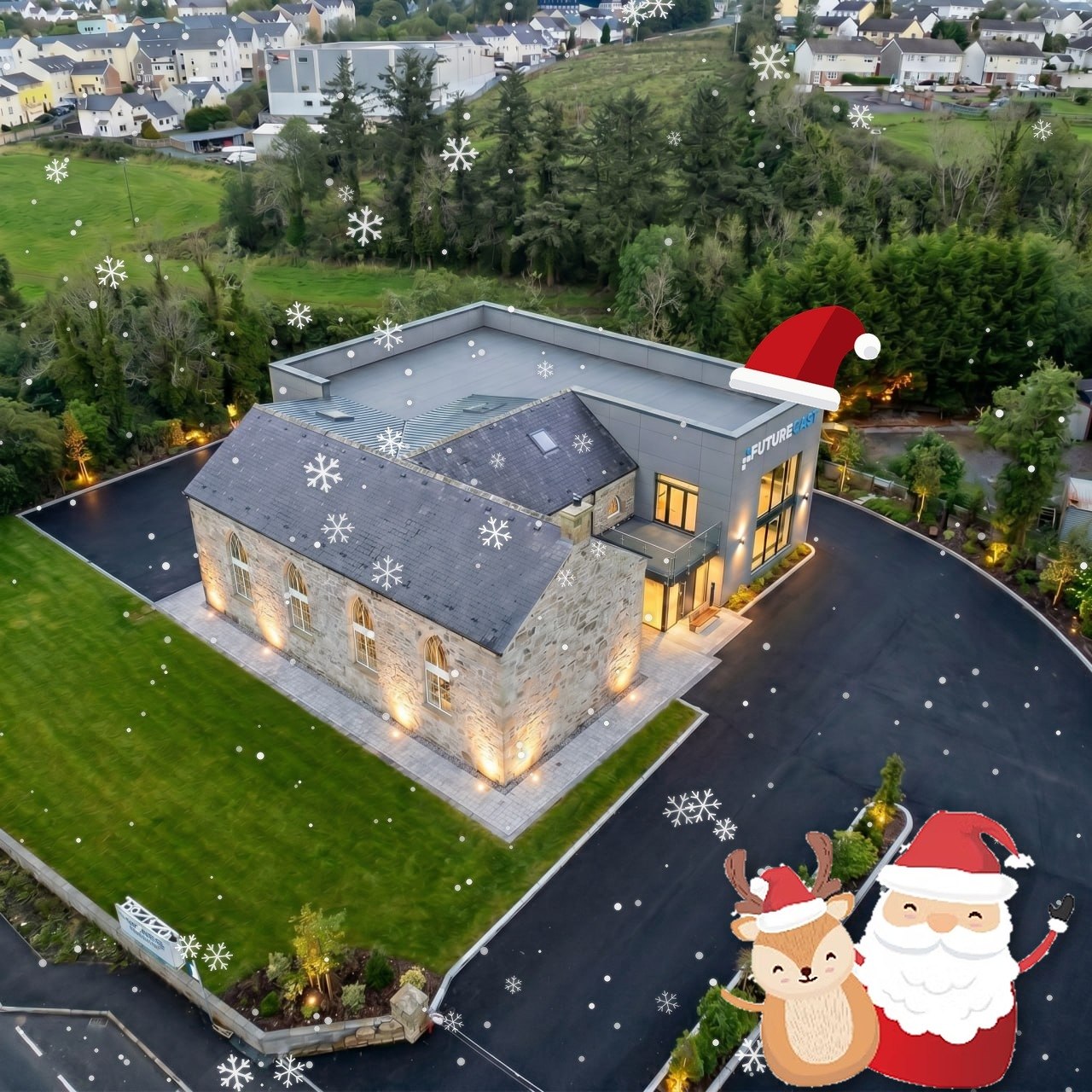 Aerial view of St Clare’s Hall Innovation Centre in Manorhamilton, decorated for Christmas